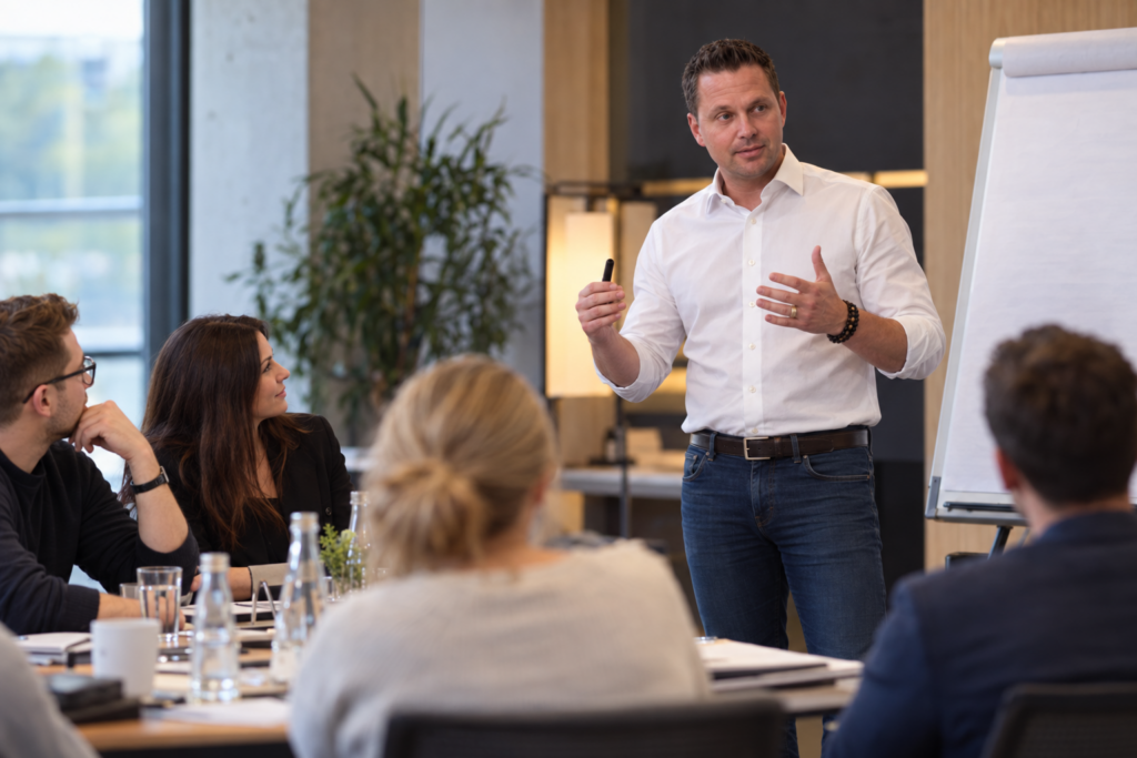 Torsten Steinbrink leitet ein Seminar vor einer Gruppe von Teilnehmenden