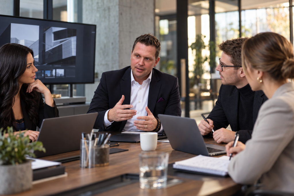 Torsten Steinbrink im Gespräch mit seinem Team am Besprechungstisch