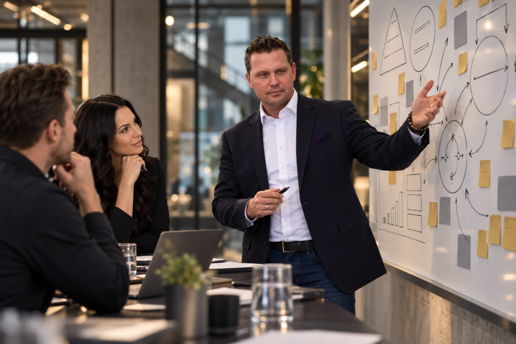 Torsten Steinbrink erklärt einem Team am Whiteboard das 10X Business Growth Framework