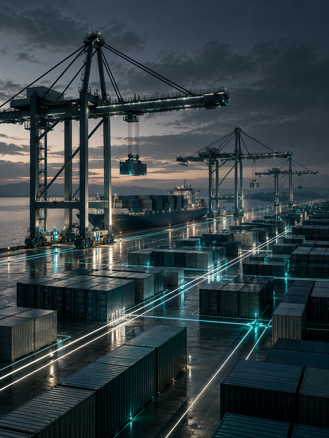 Hafenkräne über geordneten Containerreihen mit Lichtlinien – Sinnbild für geordnete Kundengewinnung