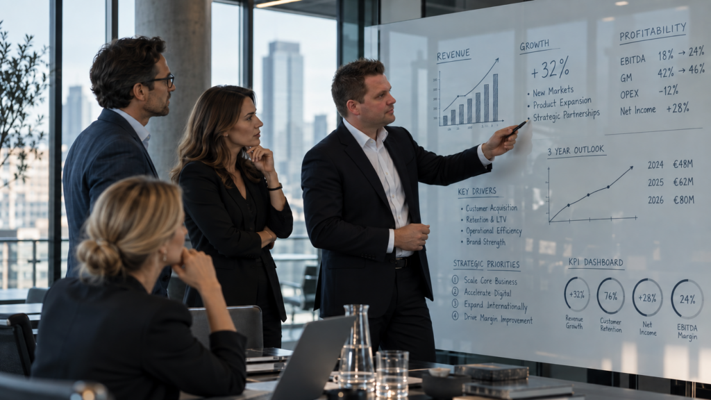 Berater erklärt einer Geschäftsleitung am Whiteboard Wachstumskennzahlen und strategische Prioritäten